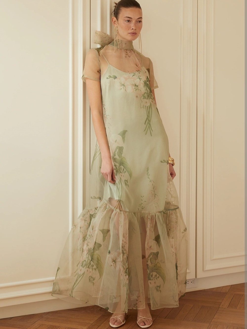 Few Moda Caara Sheer Floral Maxi Dress in Sage Green